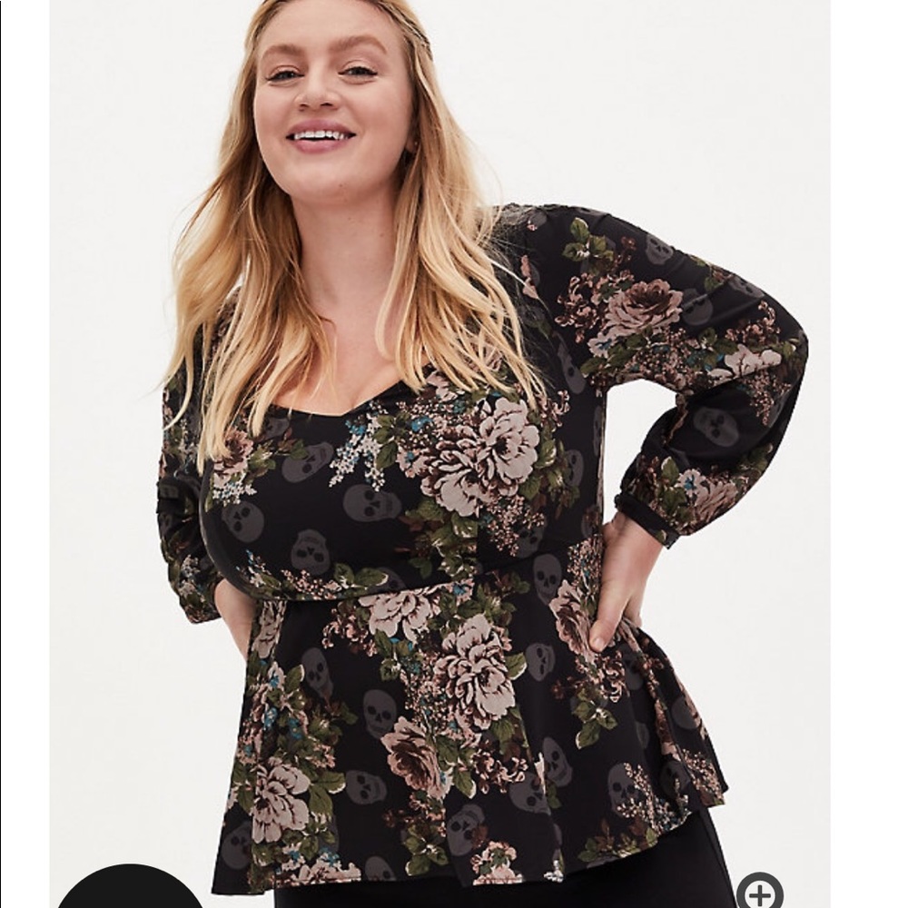 Floral Skull Print Peplum Top - Black